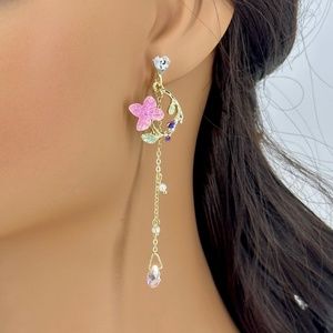 Pink Flower Asymmetry Dangle Drop Earrings